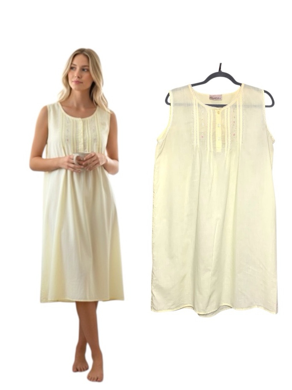 Vintage Sleeveless Pastel Yellow Cotton Nightdress M Floral Embroidery Cottage